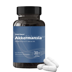 MAPUG Akkermansia probiotic bottle front showing the 100M AFU live strain.