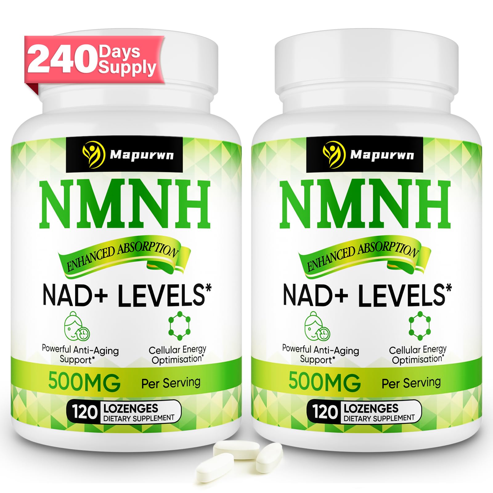 Mapurwn NMNH bottle front view highlighting 500 mg serving for NAD+ support