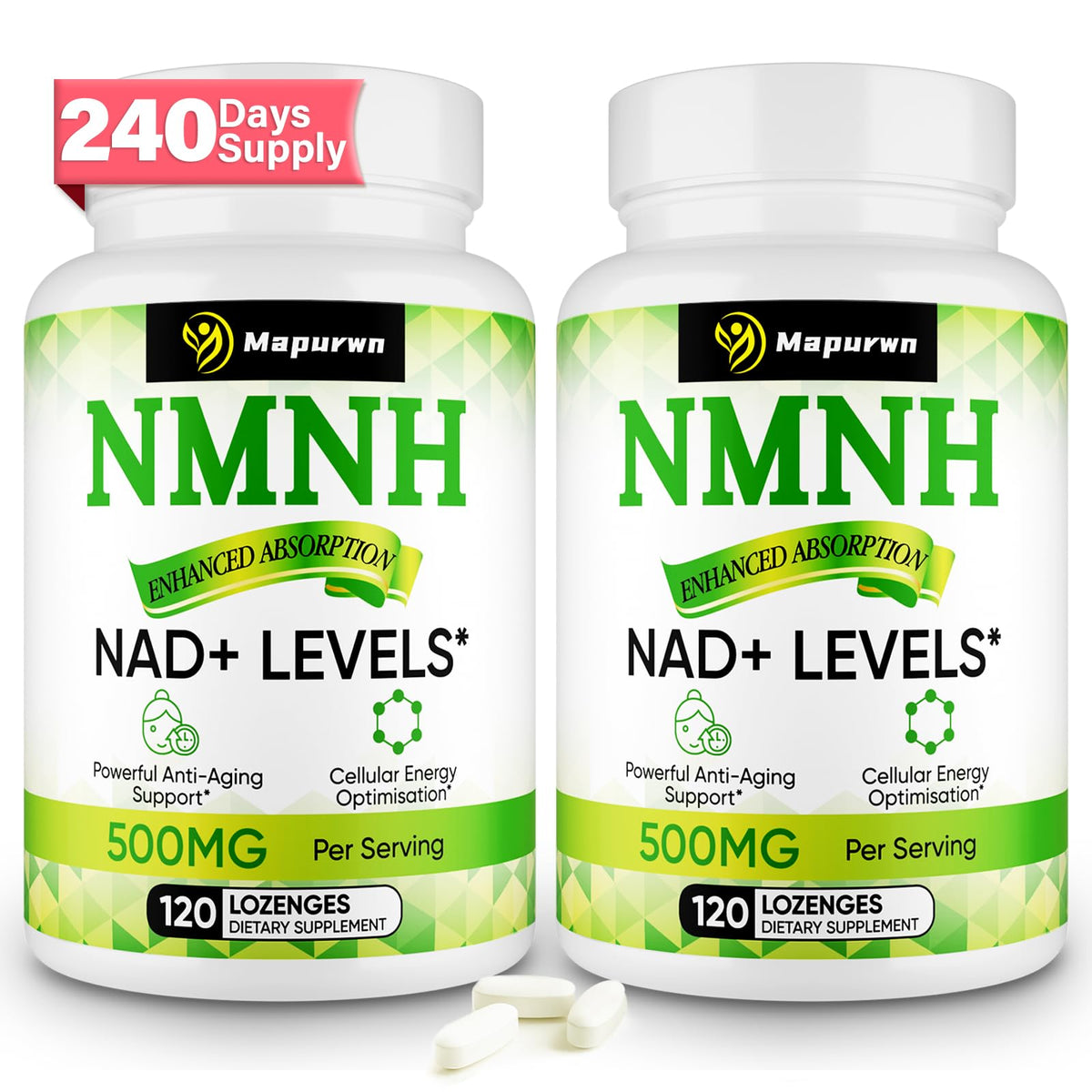 Mapurwn NMNH bottle front view highlighting 500 mg serving for NAD+ support