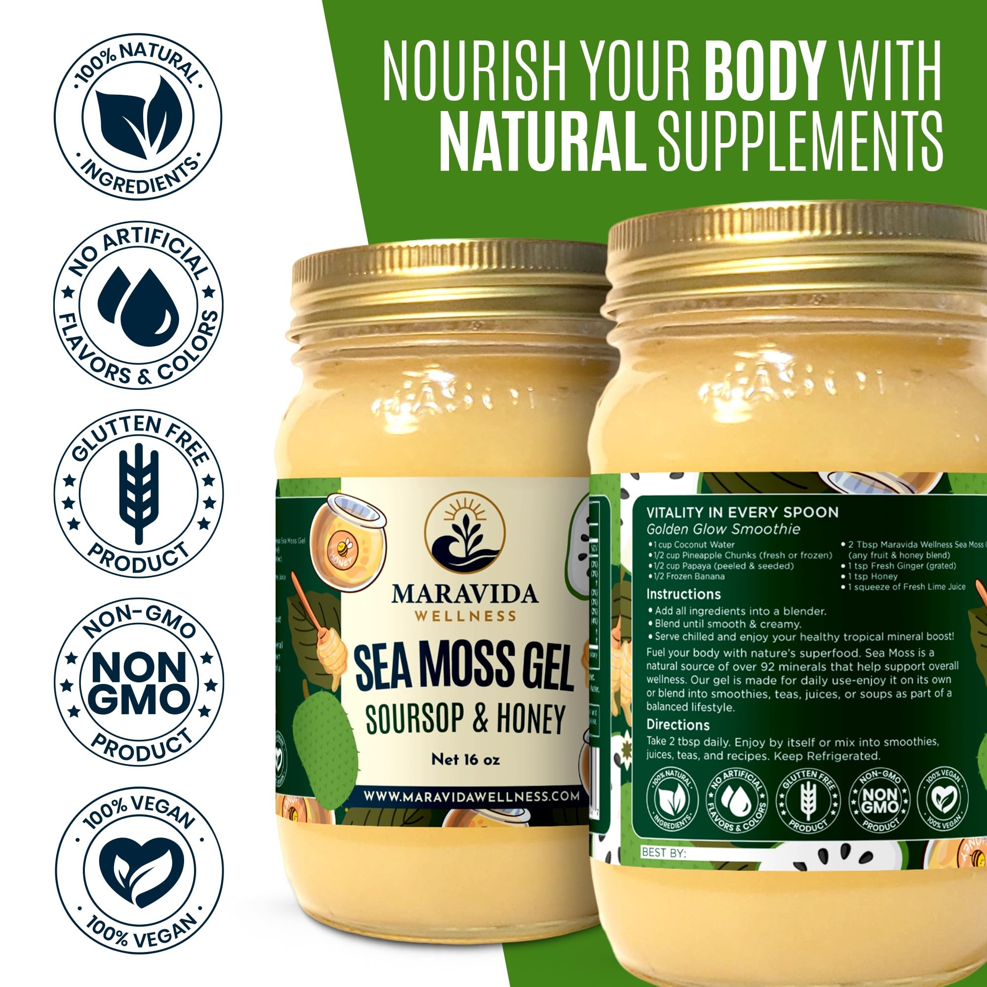 Maravida Sea Moss Gel on a spoon, convenient daily nourishment.