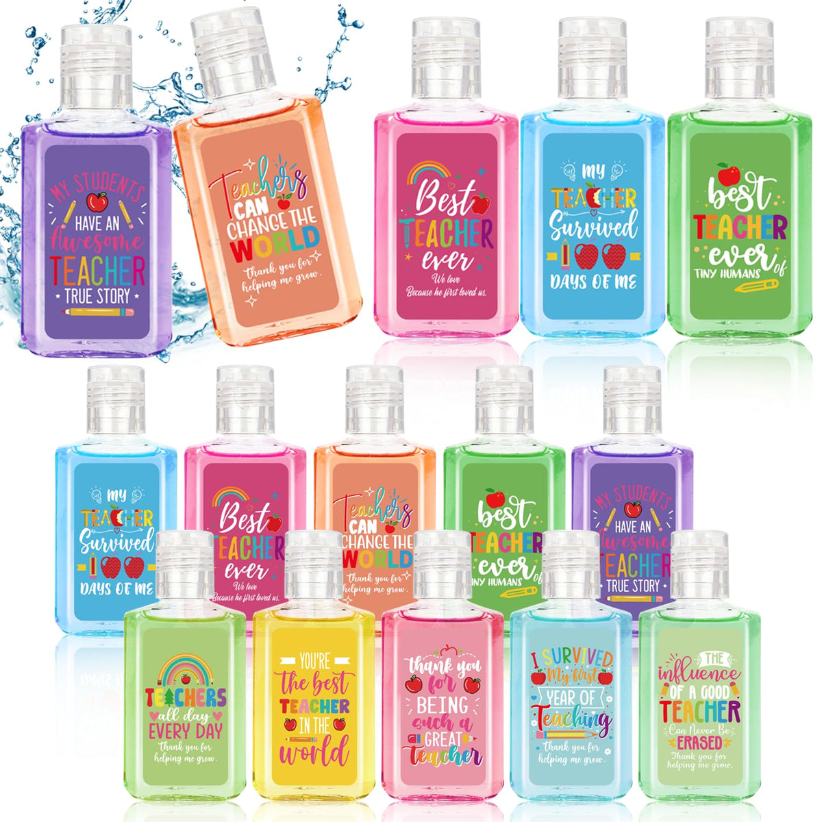 Marhpveua teacher-theme hand sanitizer bottle with colorful design, ideal for classroom gifts.
