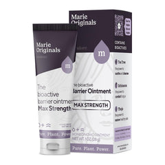 Marie Originals Bioactive Barrier Ointment packaging shows a portable 1oz container for on-the-go care.