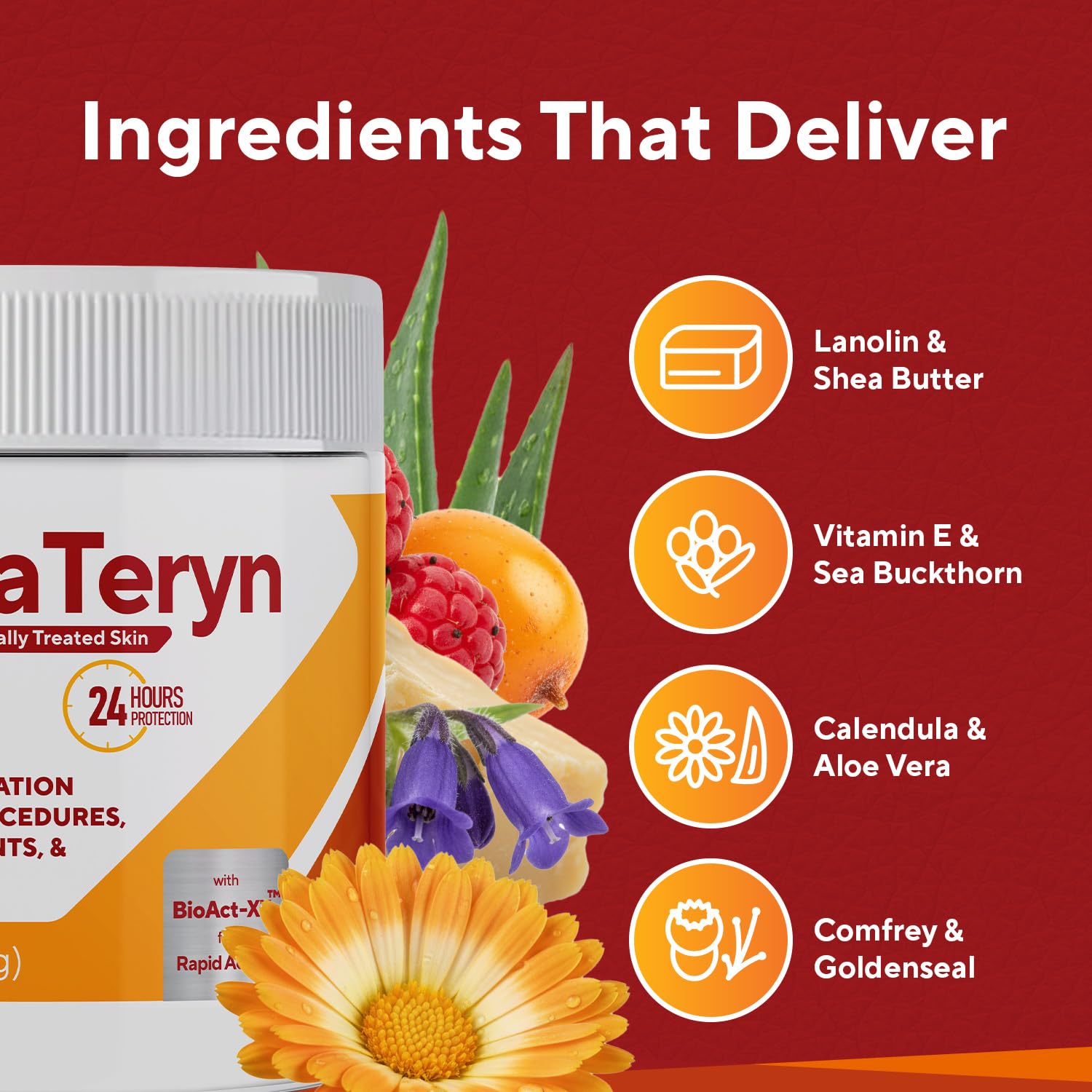 Marie Originals DermaTeryn aloe vera calendula visuals signaling cooling relief for sun-exposed skin.