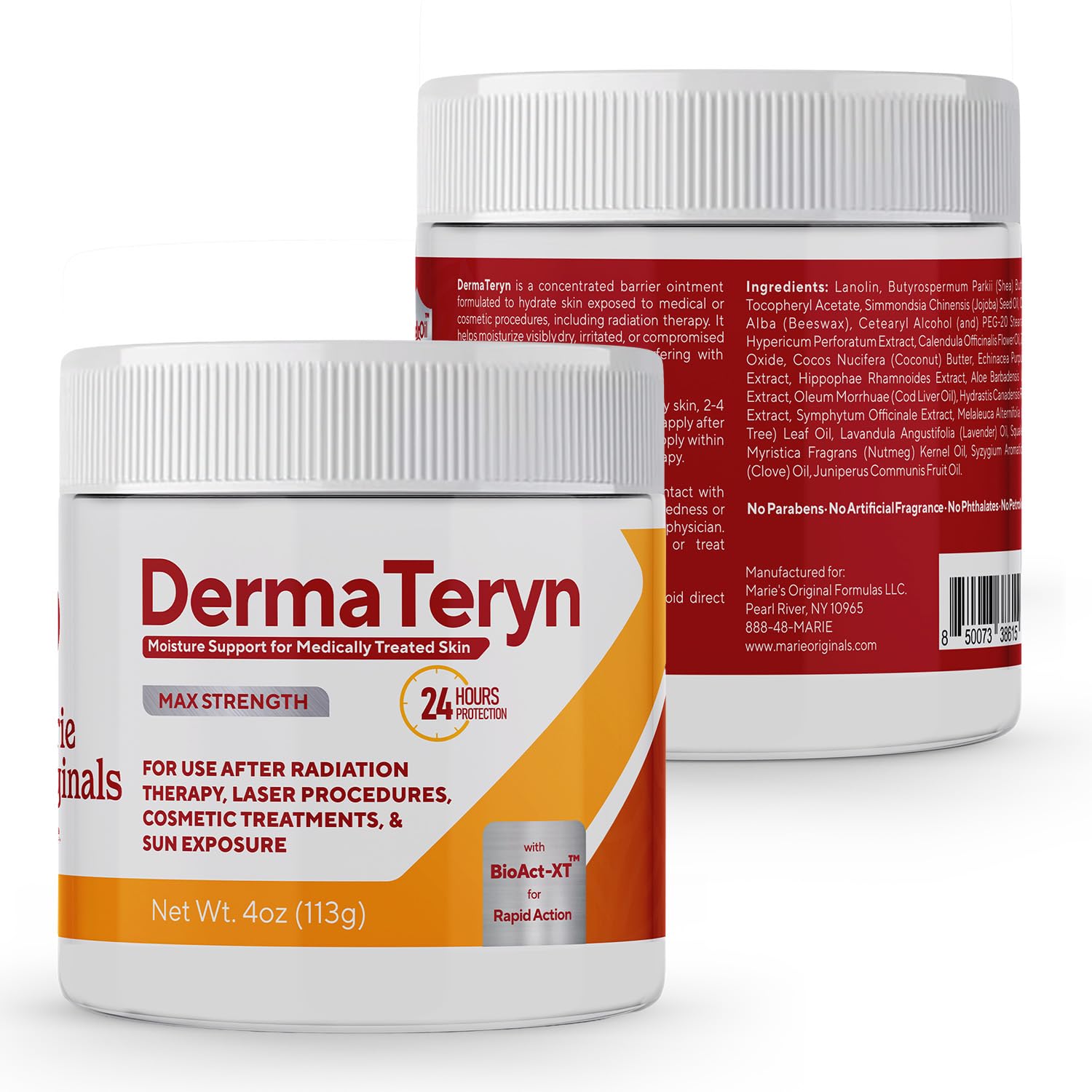 Marie Originals DermaTeryn USA-made packaging highlighting plant-based care.