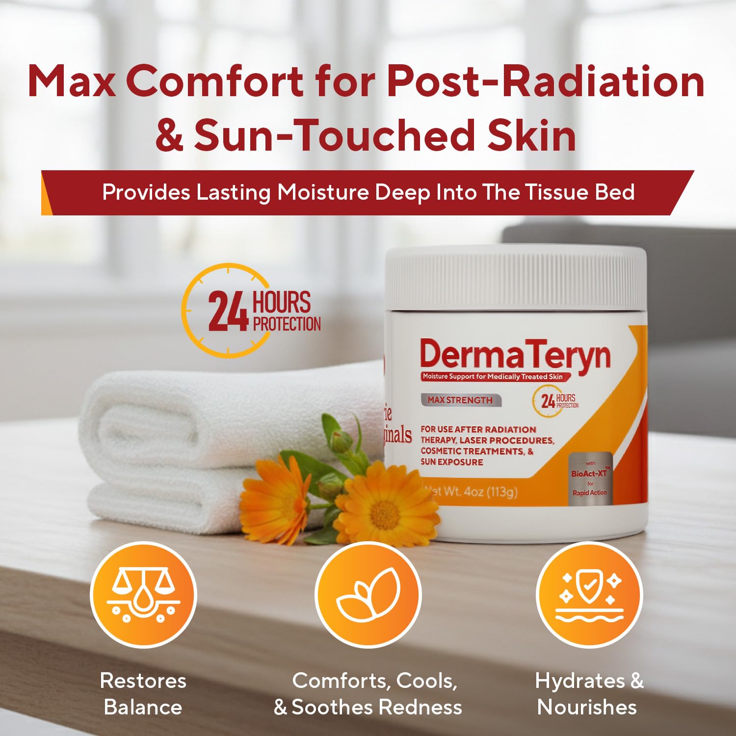 Marie Originals DermaTeryn jar shown for gentle application on irritated, recovering skin.
