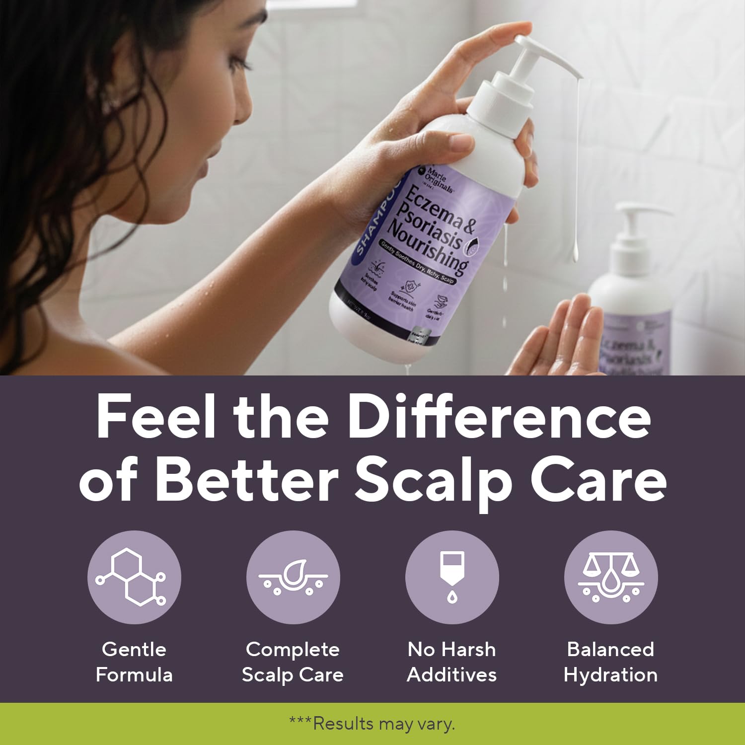 Shampoo bottle pouring to show gentle cleansing action by Marie Originals.