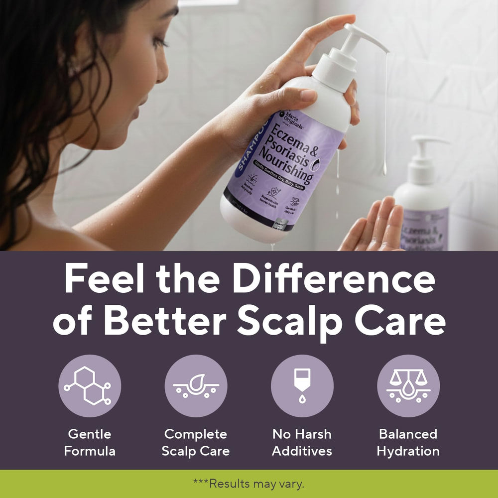 Shampoo bottle pouring to show gentle cleansing action by Marie Originals.
