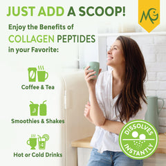 Closeup of MariGold collagen bottle showing pureness and ingredients.