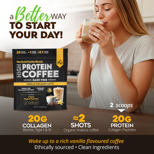 MariGold collagen coffee espresso shot image highlights two organic shots and bold flavor