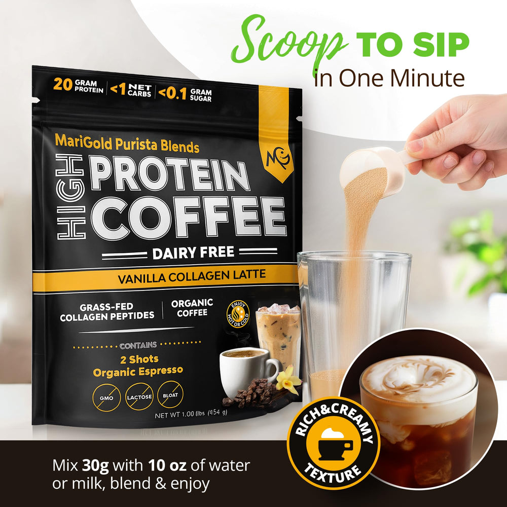 MariGold collagen coffee scoop beside bag highlights 15 servings