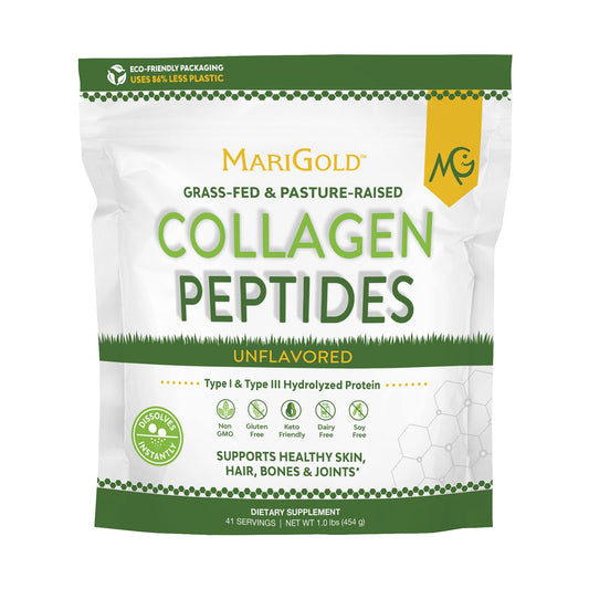 MariGold collagen powder unflavored 1lb bottle blends smoothly into coffee for a daily boost