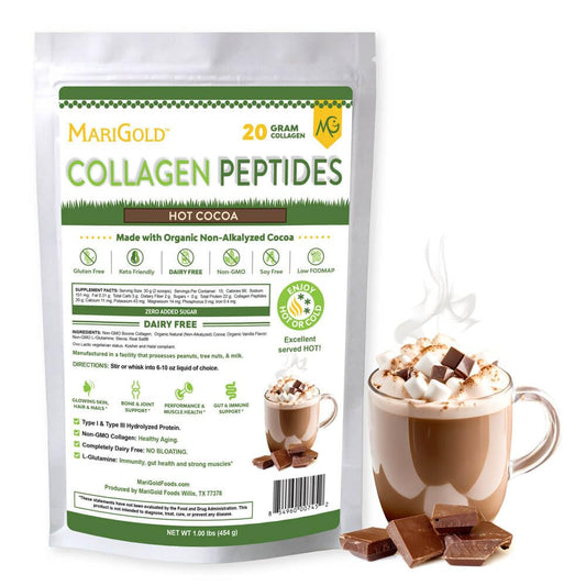 MariGold grass-fed collagen powder in hot cocoa tin for a cozy wellness moment