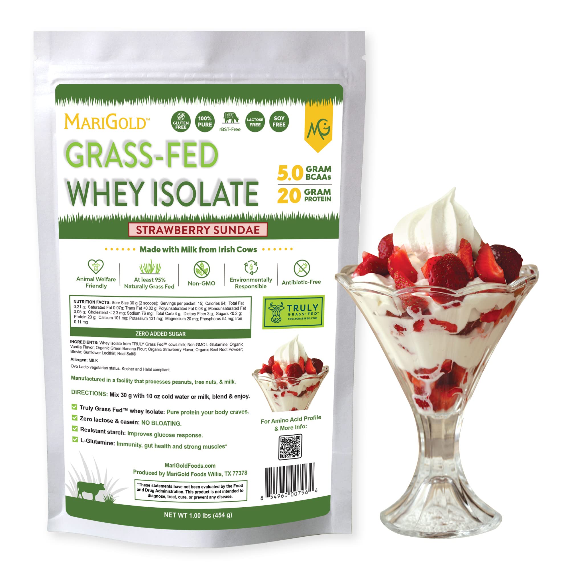 MariGold Grass-Fed Whey Isolate Bottle shows creamy Strawberry Sundae flavor for post-workout fuel