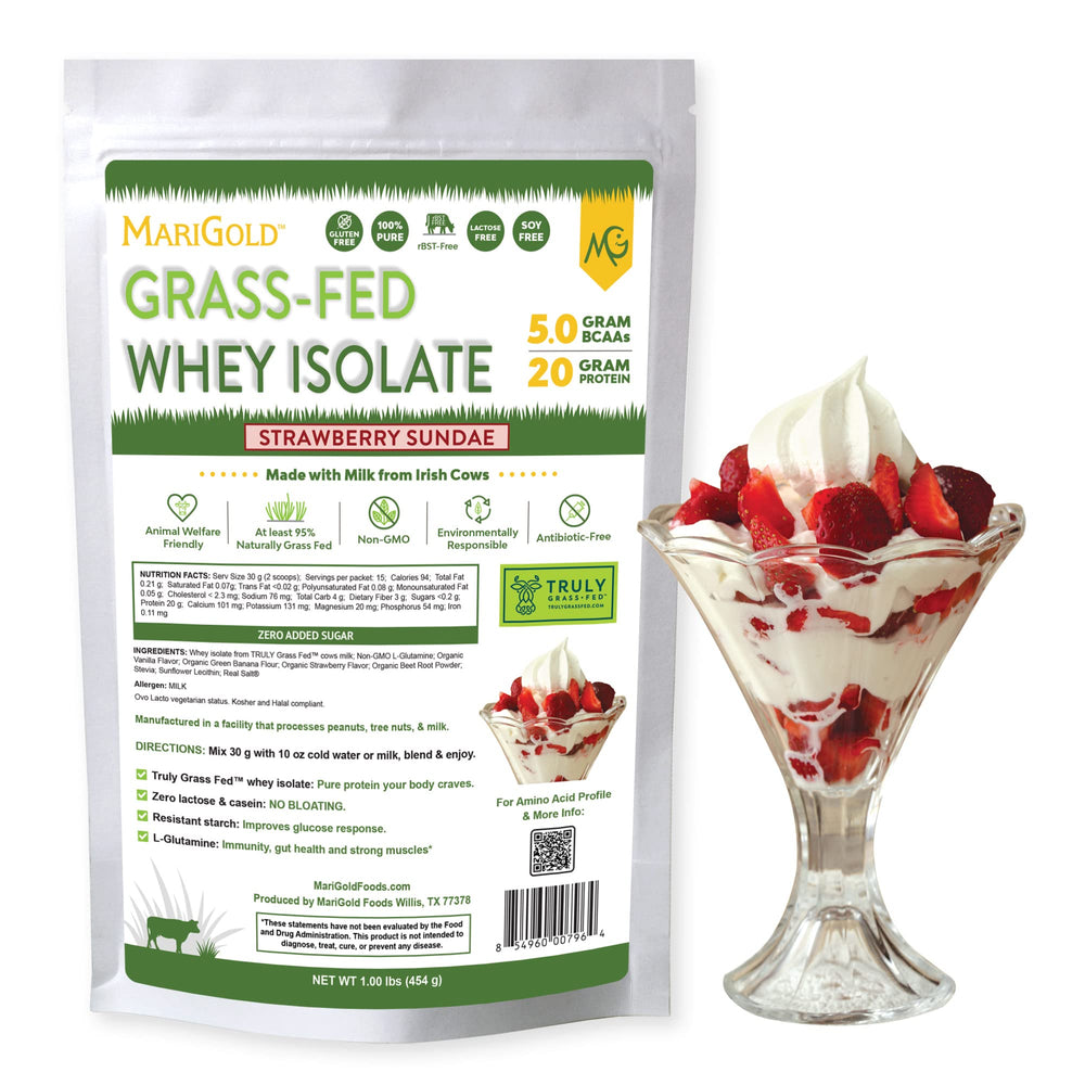 MariGold Grass-Fed Whey Isolate Bottle shows creamy Strawberry Sundae flavor for post-workout fuel
