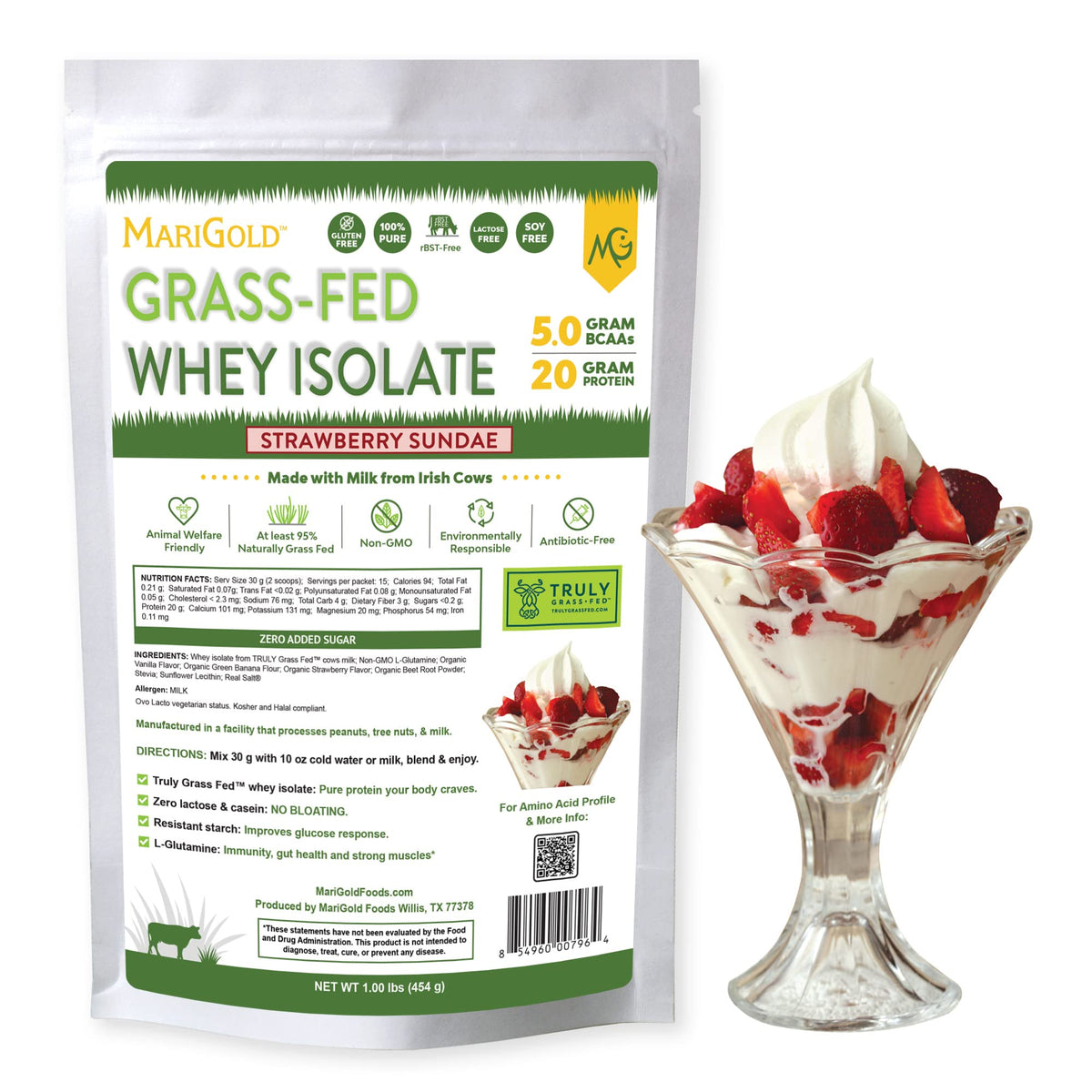 MariGold Grass-Fed Whey Isolate Bottle shows creamy Strawberry Sundae flavor for post-workout fuel