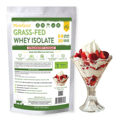 MariGold Grass-Fed Whey Isolate Bottle shows creamy Strawberry Sundae flavor for post-workout fuel