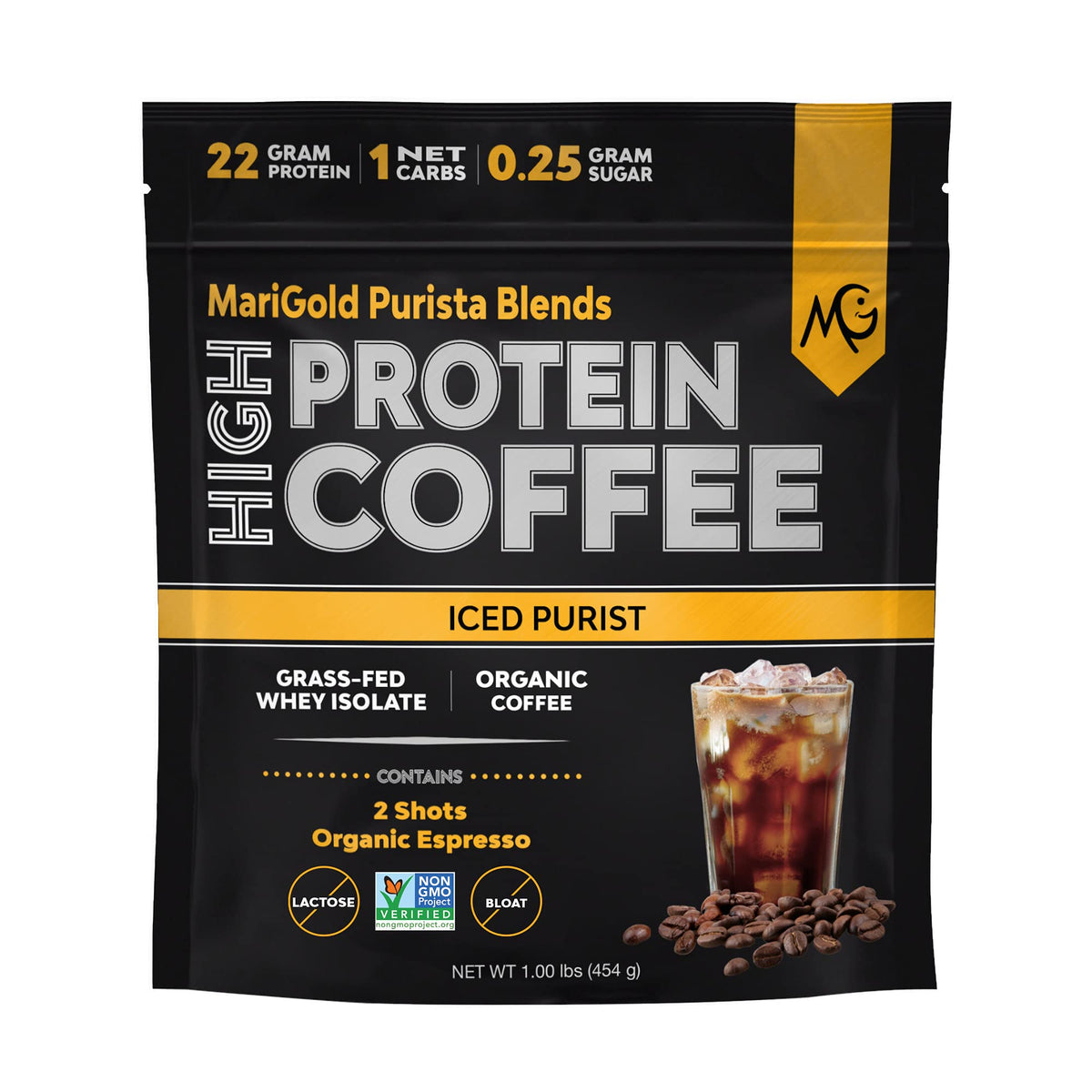 MariGold High Protein Coffee iced purist bottle — convenient protein boost on the go.
