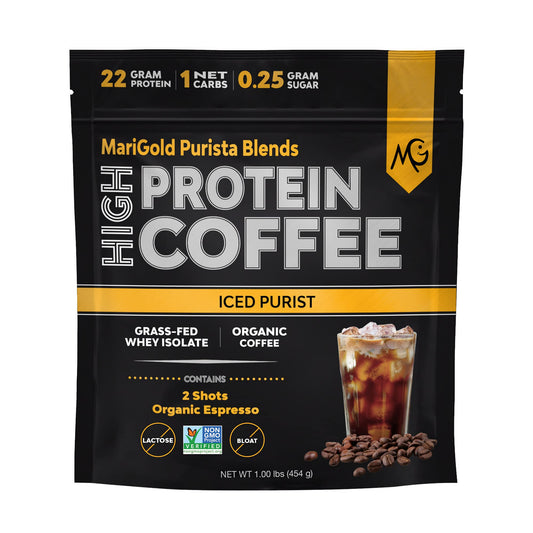MariGold High Protein Coffee iced purist bottle — convenient protein boost on the go.