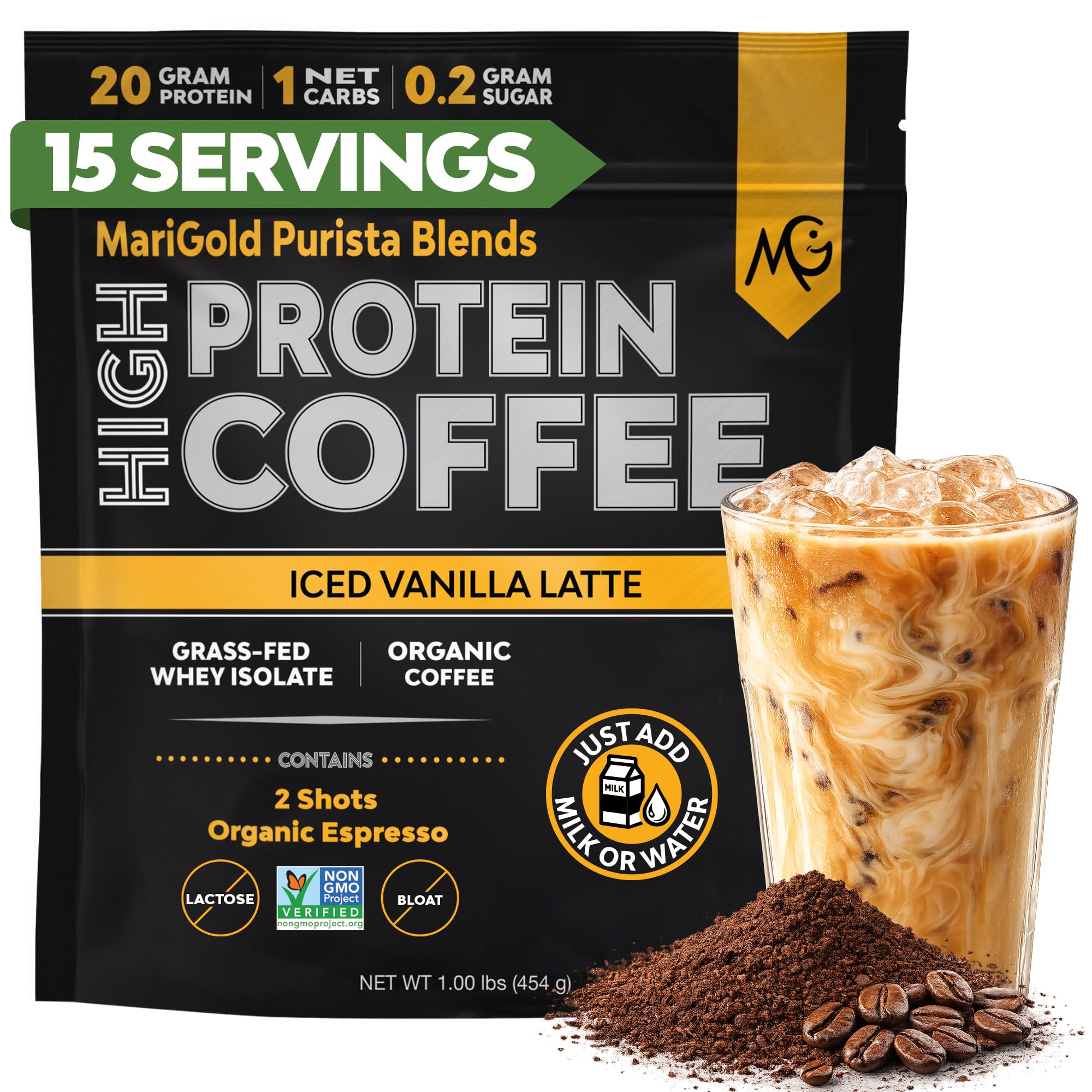MariGold high-protein coffee iced vanilla latte bottle with 2 espresso shots and 20g protein
