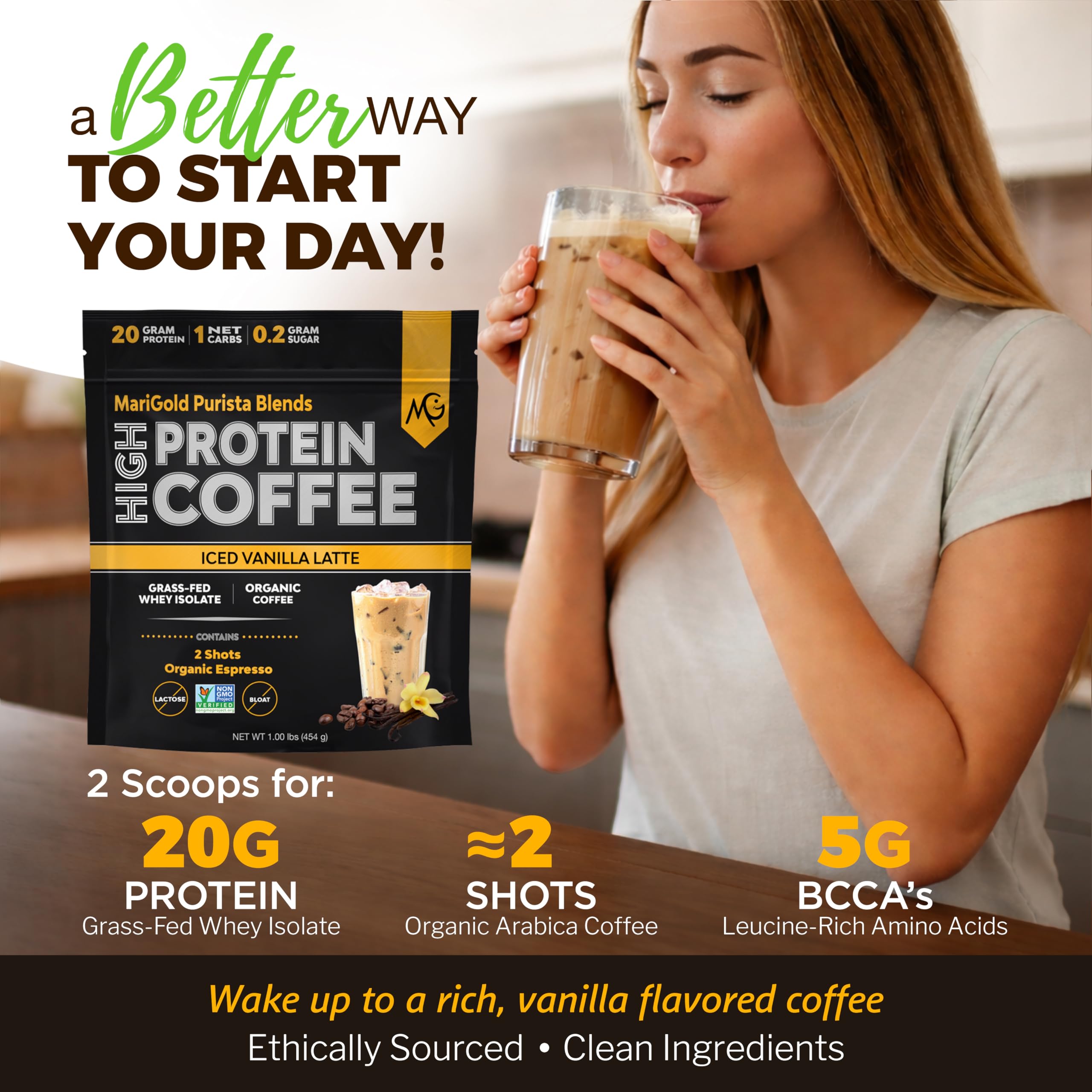 MariGold iced vanilla latte glass showcasing a refreshing, protein-infused beverage