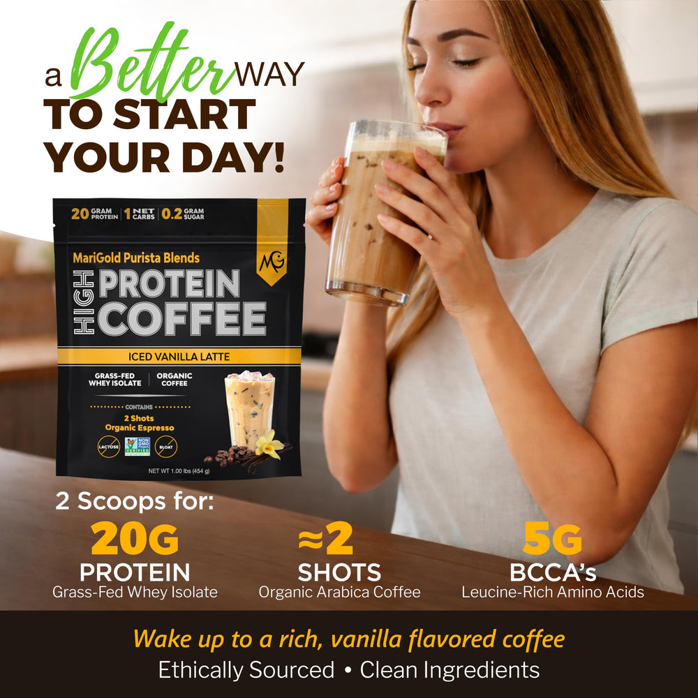 MariGold iced vanilla latte glass showcasing a refreshing, protein-infused beverage