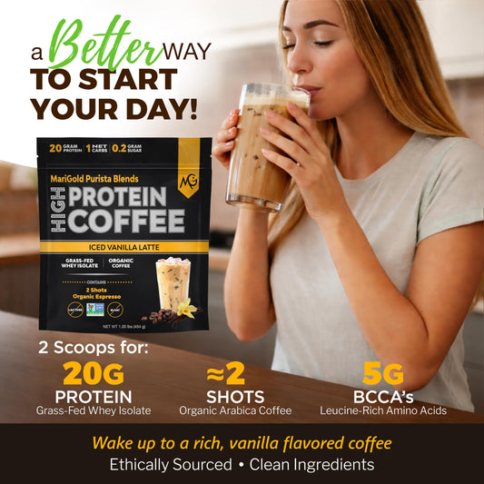 MariGold iced vanilla latte glass showcasing a refreshing, protein-infused beverage