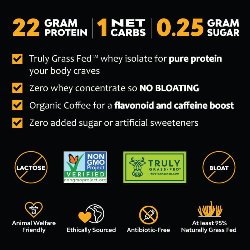 MariGold ingredients photo — grass-fed whey isolate and premium coffee flavors.