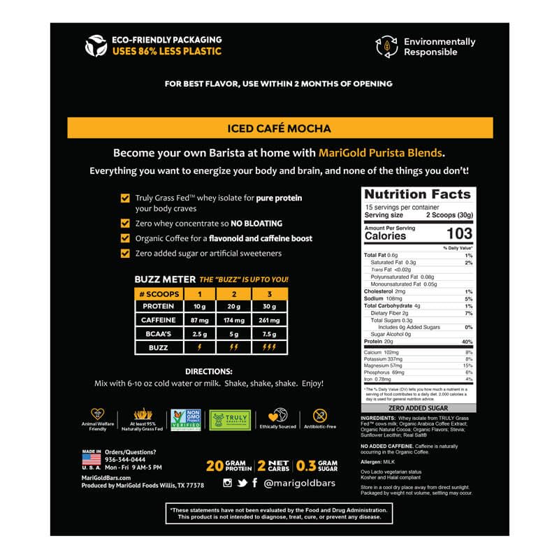 MariGold High Protein Coffee packaging side view communicates allergen-free format