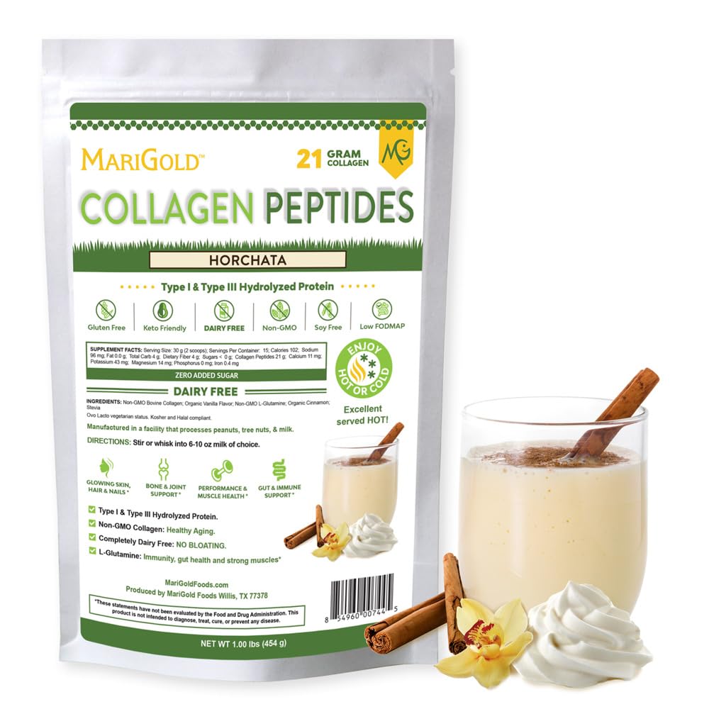 MariGold Horchata collagen powder ready for daily mixing and skin support