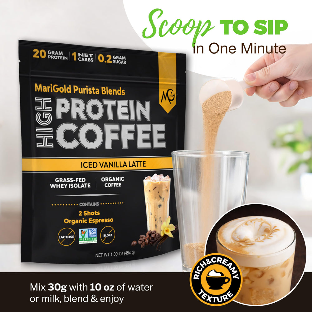 MariGold keto-friendly coffee vanilla close-up highlighting sugar-free option