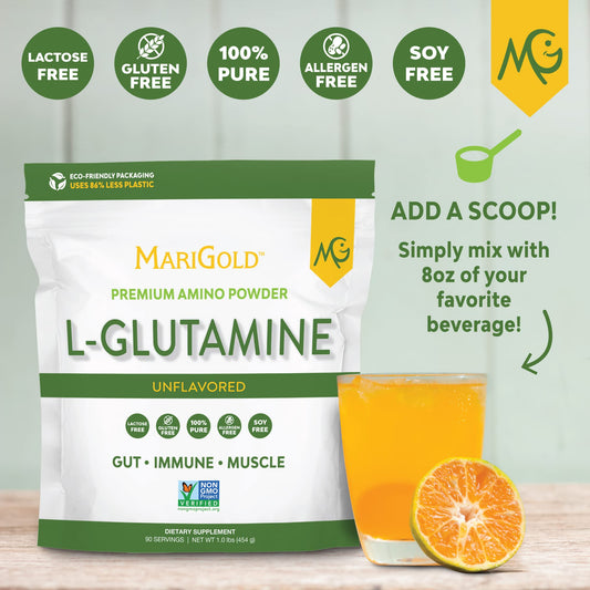 MariGold L-Glutamine powder scoop shows a convenient 5 g serving after workouts.