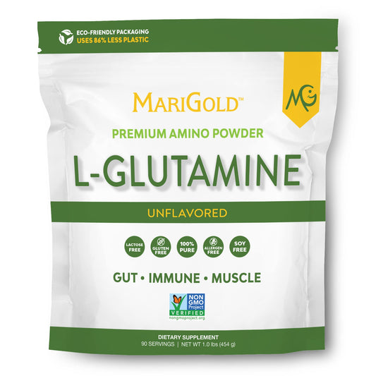 MariGold L-Glutamine bottle on shelf, highlighting a pure, allergen-free formula for daily gut support.