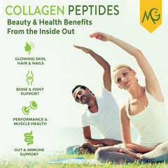 Measuring scoop beside MariGold collagen emphasizes easy mixing.