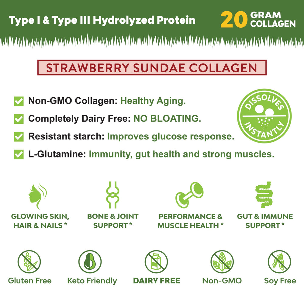 MariGold strawberry sundae collagen powder with spoon ready to mix.