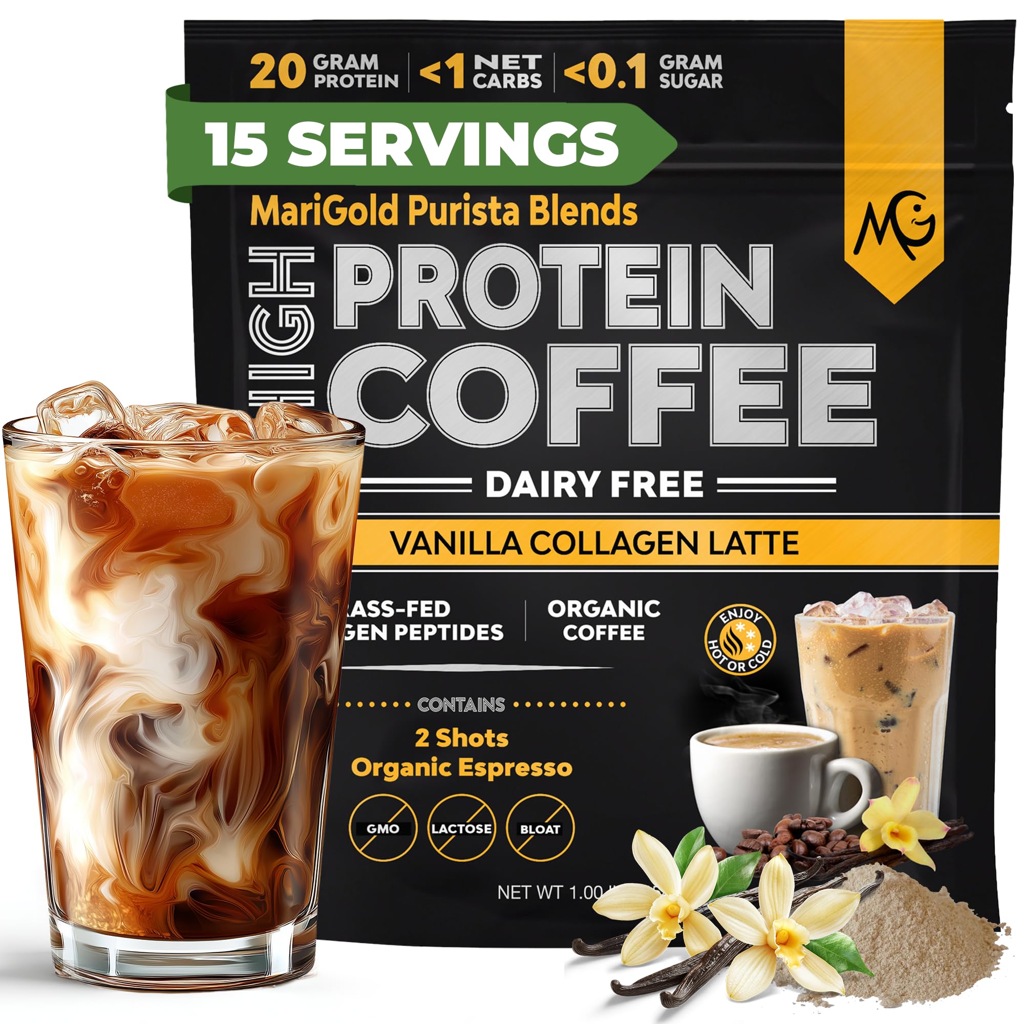 MariGold vanilla collagen coffee bottle showing a dairy-free latte with natural energy boost