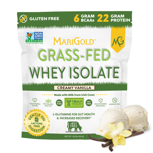 MariGold whey isolate vanilla label highlights pure protein quality.