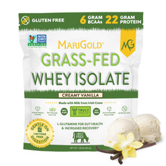 MariGold whey isolate vanilla label highlights pure protein quality.