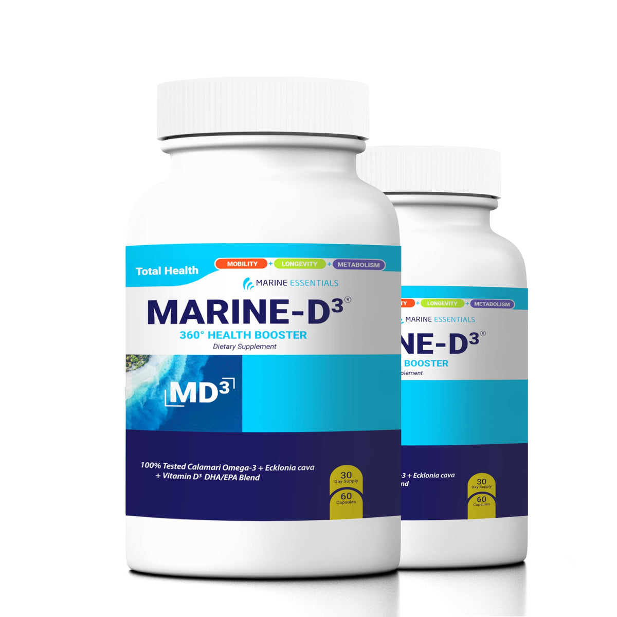 Marine Essentials Marine D3 Omega-3 bottle frontal view highlighting capsules for daily use