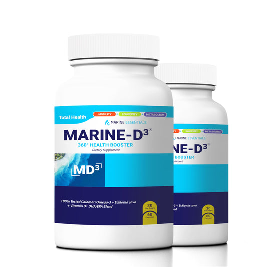 Marine Essentials Marine D3 Omega-3 bottle frontal view highlighting capsules for daily use