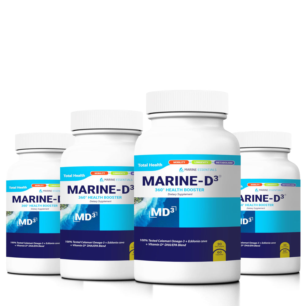 Marine Essentials Marine D3 Omega-3 bottle front showing convenient daily capsules