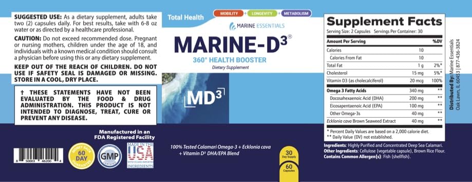 Marine Essentials Marine D3 Omega-3 capsules ready for daily use
