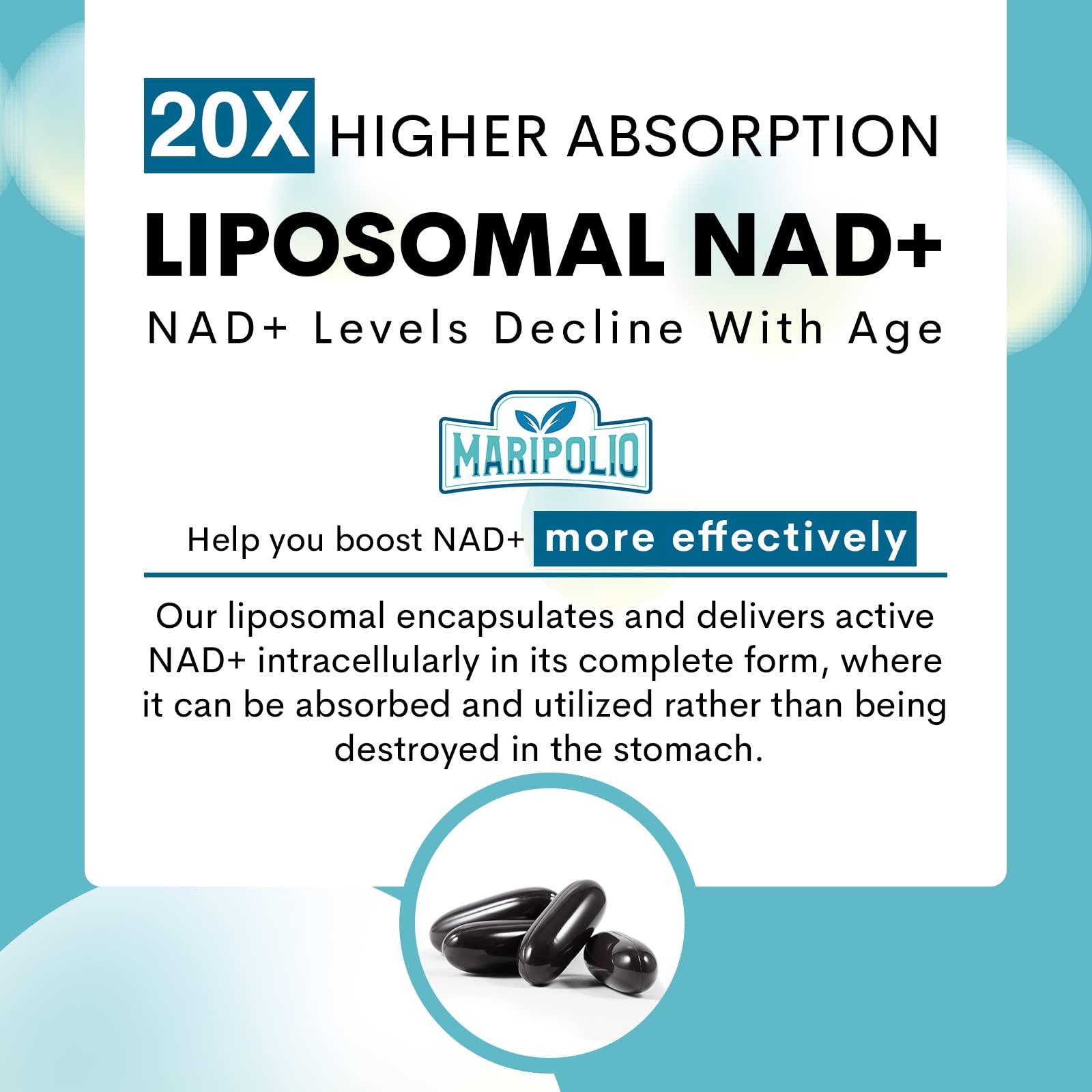 Label detail of Maripolio Liposomal NAD+ showing quality and purity cues