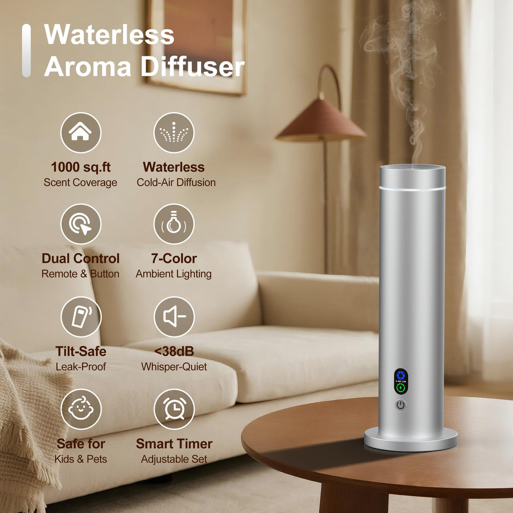 Maromalife Waterless Diffuser matte aluminum body complements modern decor.