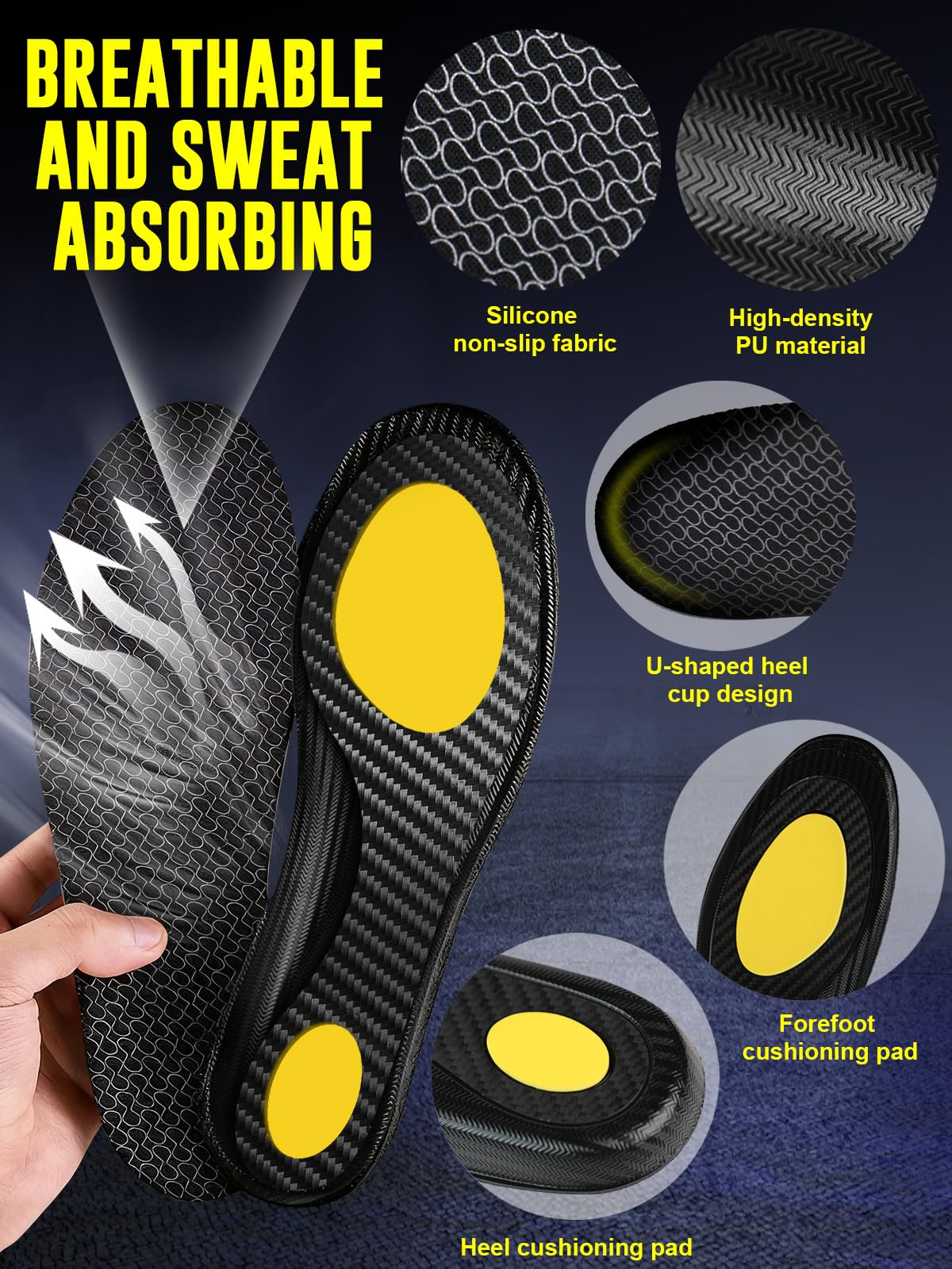 MARRDO carbon fiber insole packaging highlights sizing options for most athletic shoes.