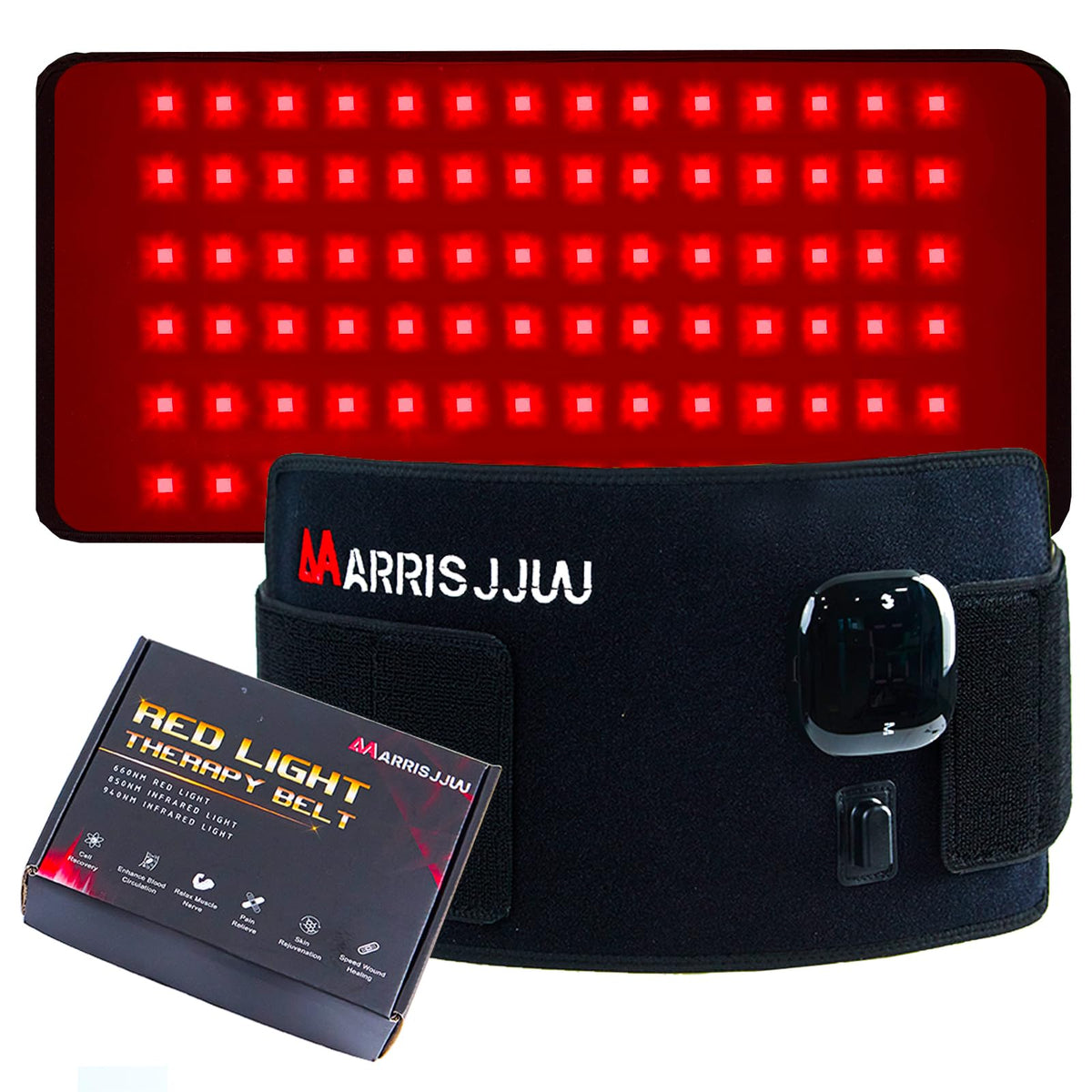 MarrisJjw Rechargeable Red Light Therapy Belt front view shows wide coverage for versatile use.