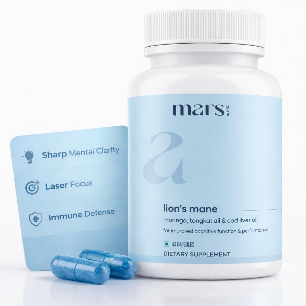 mars by ghc lion’s mane capsule bottle closeup for daily wellness routine.