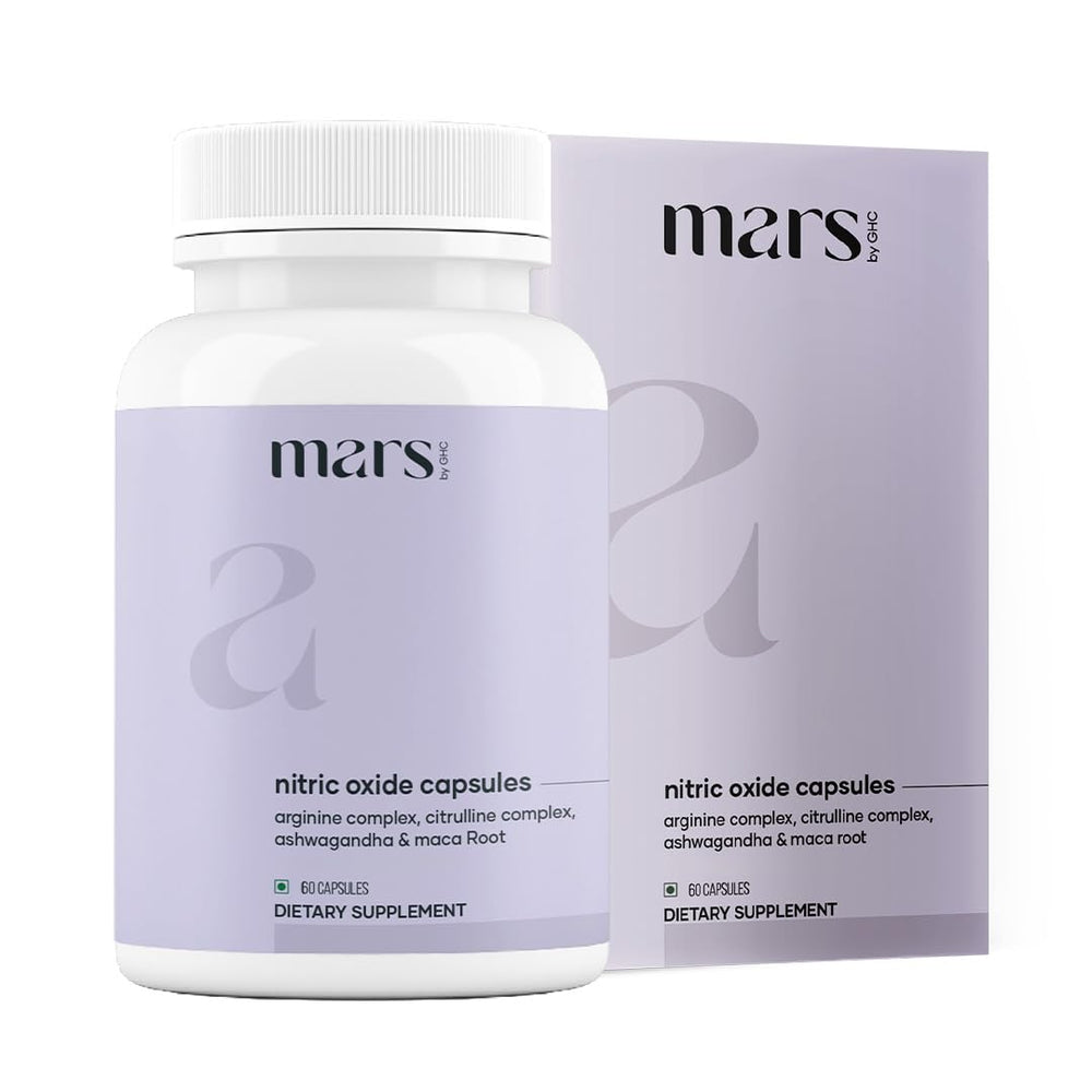 Mars by GHC bottle of nitric oxide capsules supports natural circulation and energy.