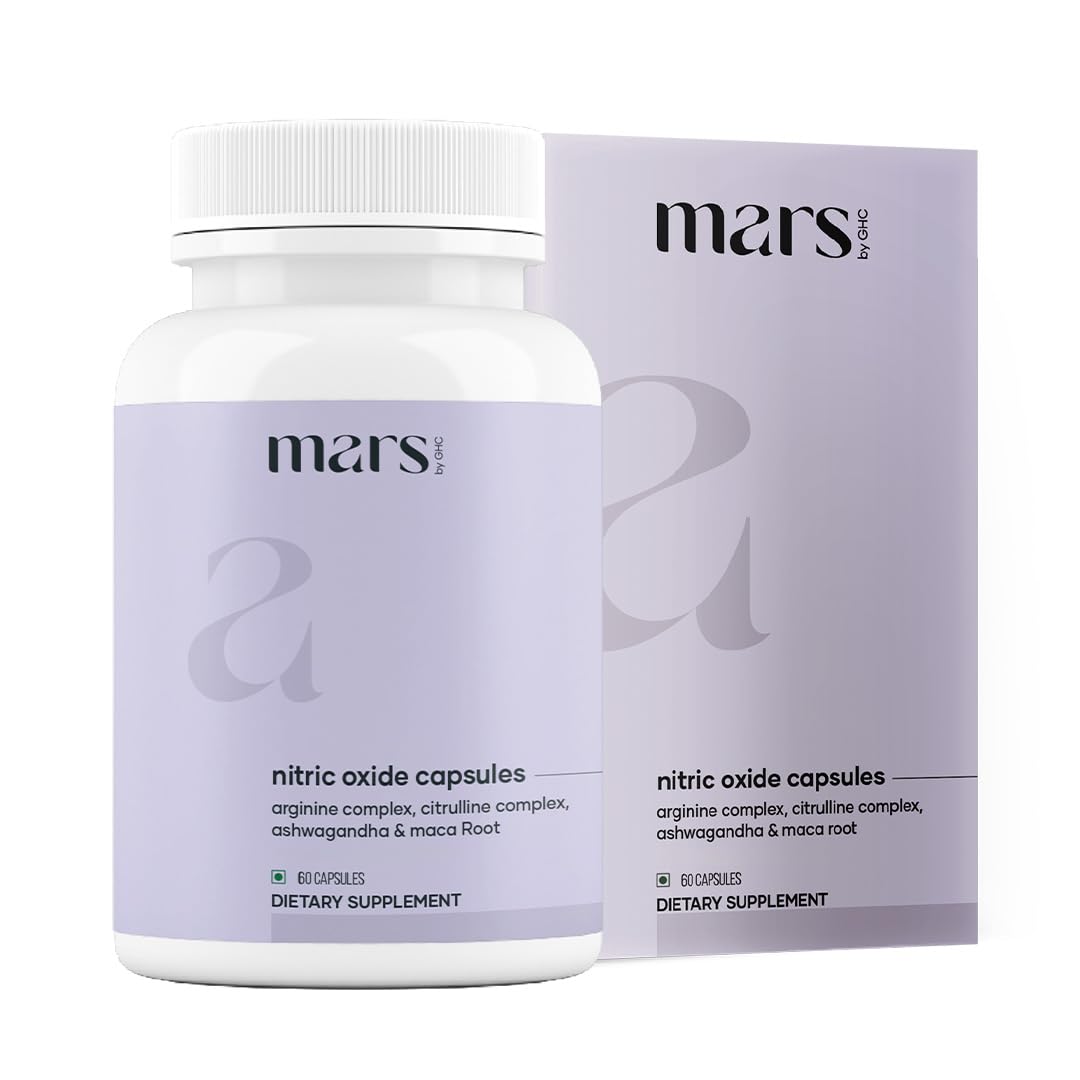 Mars by GHC bottle of nitric oxide capsules supports natural circulation and energy.