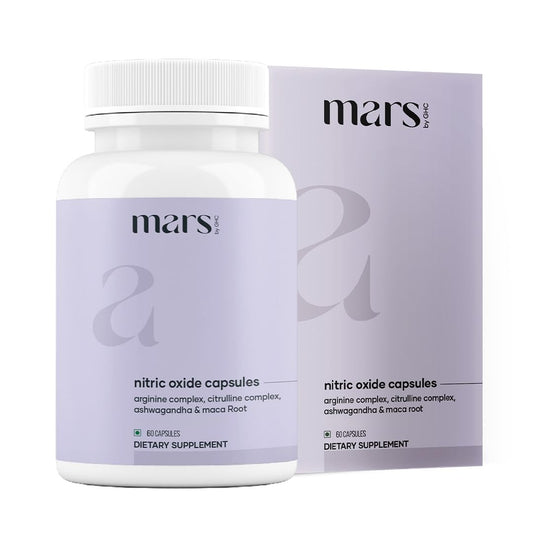 Mars by GHC bottle of nitric oxide capsules supports natural circulation and energy.