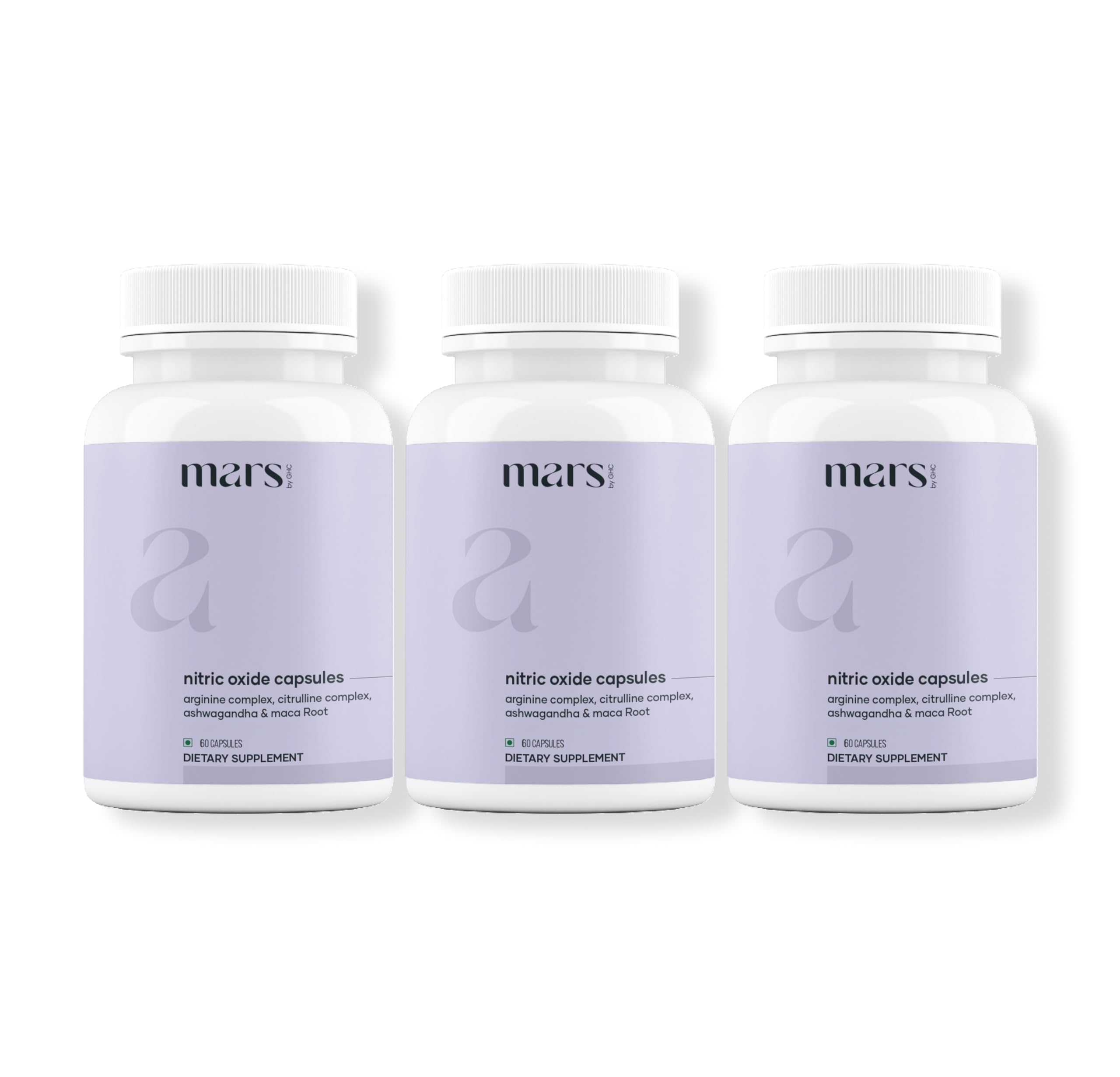 Mars by GHC nitric oxide capsules pack — convenient three-pack for daily energy and circulation support.